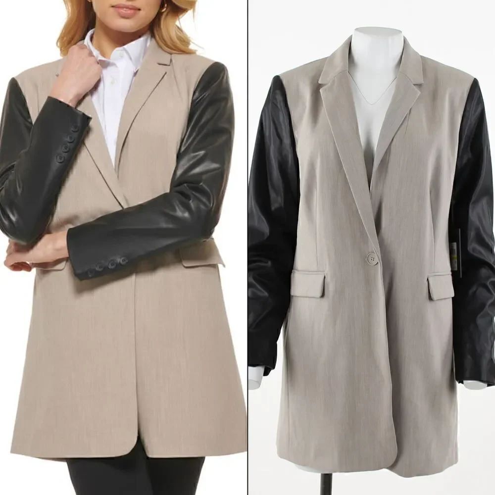 DKNY Mixed Media Faux Leather Sleeve Jacket in City Khaki/Black